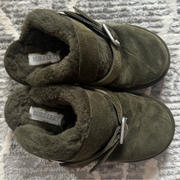Burberry Olive Green Suede Fur-Lined Mules - Picture 2 of 7